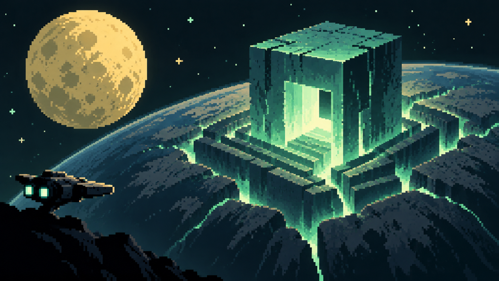 Chunky pixel-art alien monolith rising from a fractured planet, beneath a gold moon and beside a tiny spacecraft.