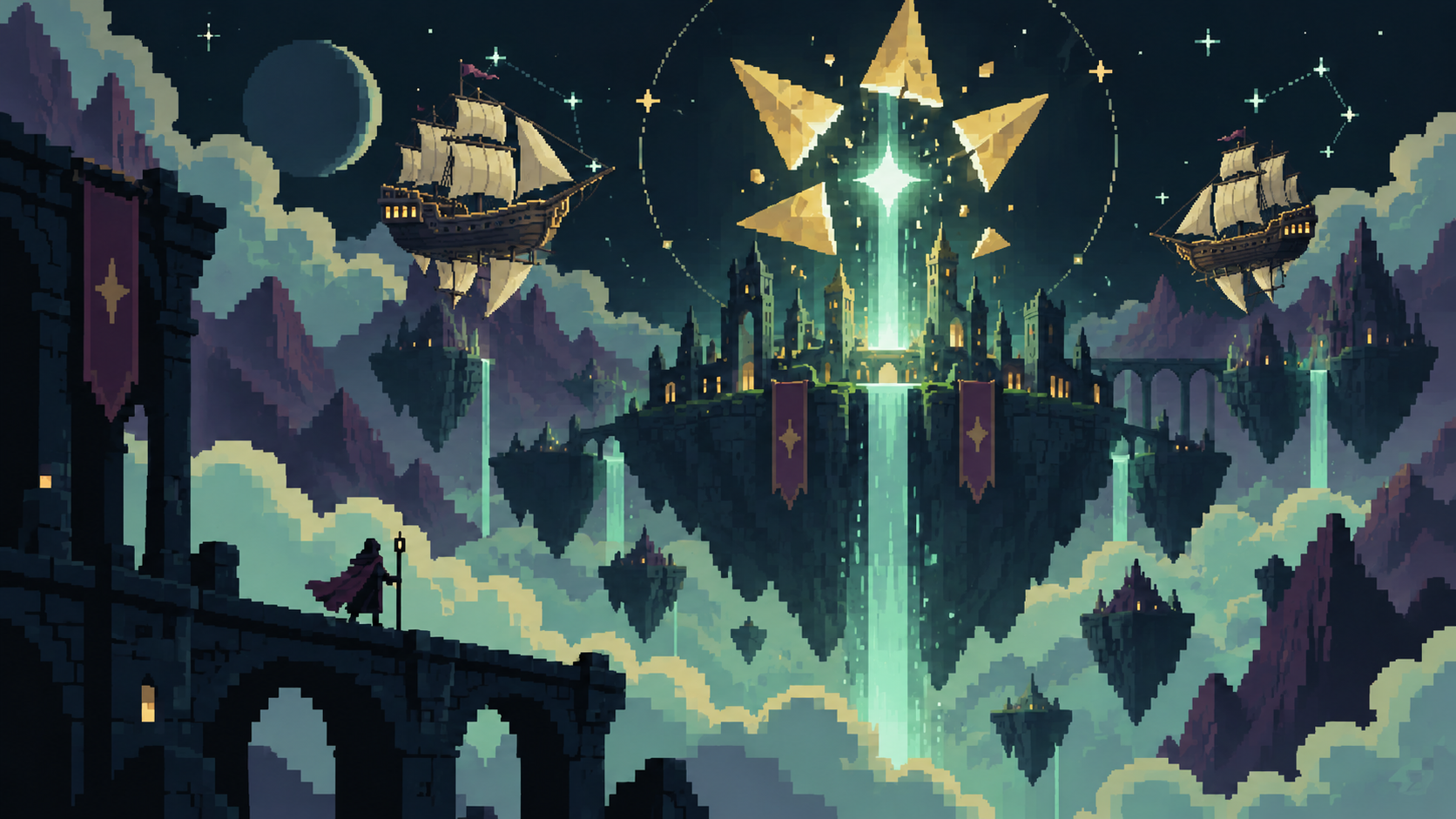 Chunky pixel-art floating citadel beneath a fractured golden star, with a mint starlight waterfall and colonial-style sailing airships carrying sails above and beneath their wooden hulls.