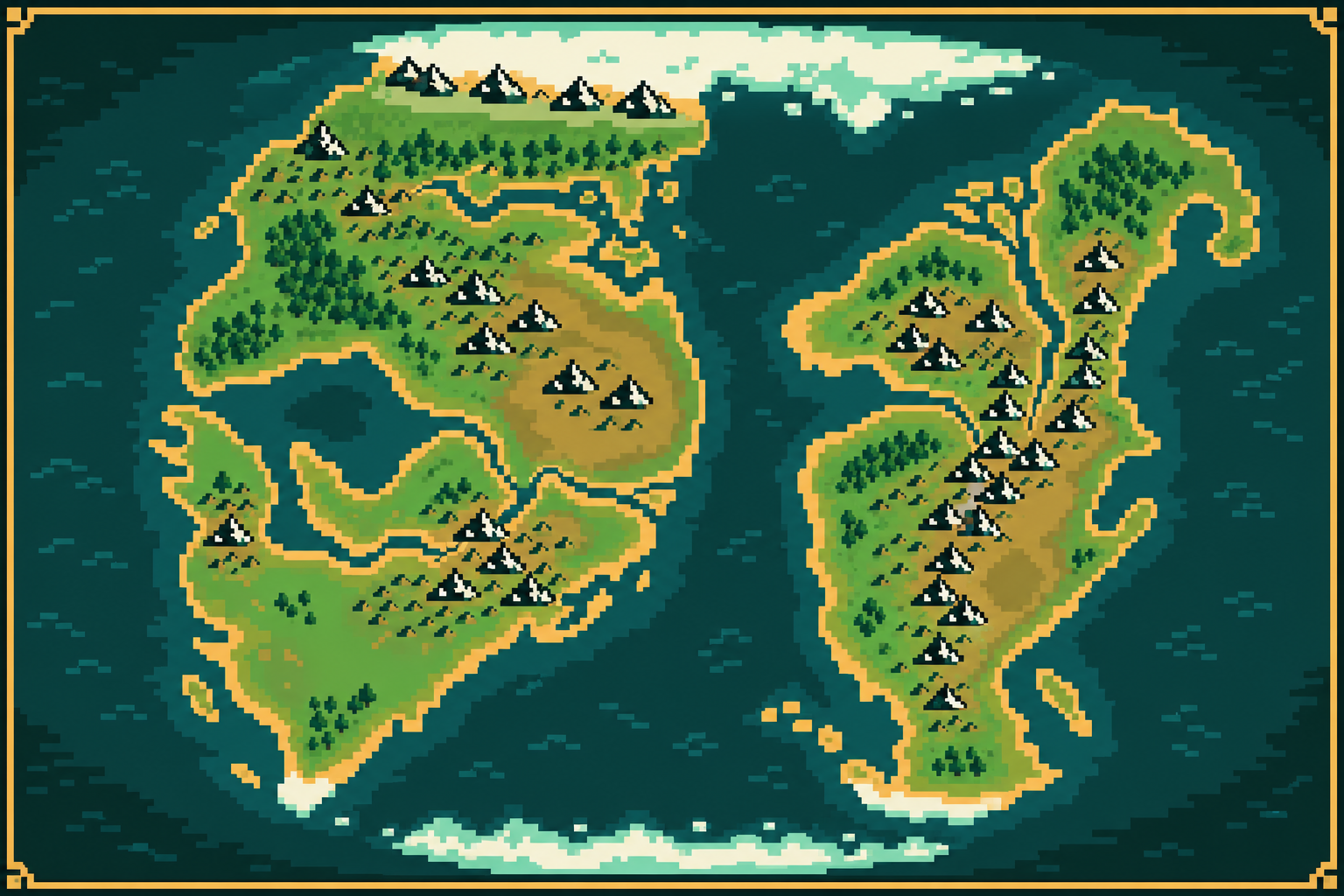 Starfall world-planning map showing the broad Western Continent, the Eastern Continent, mountain ranges, surrounding seas and polar regions.