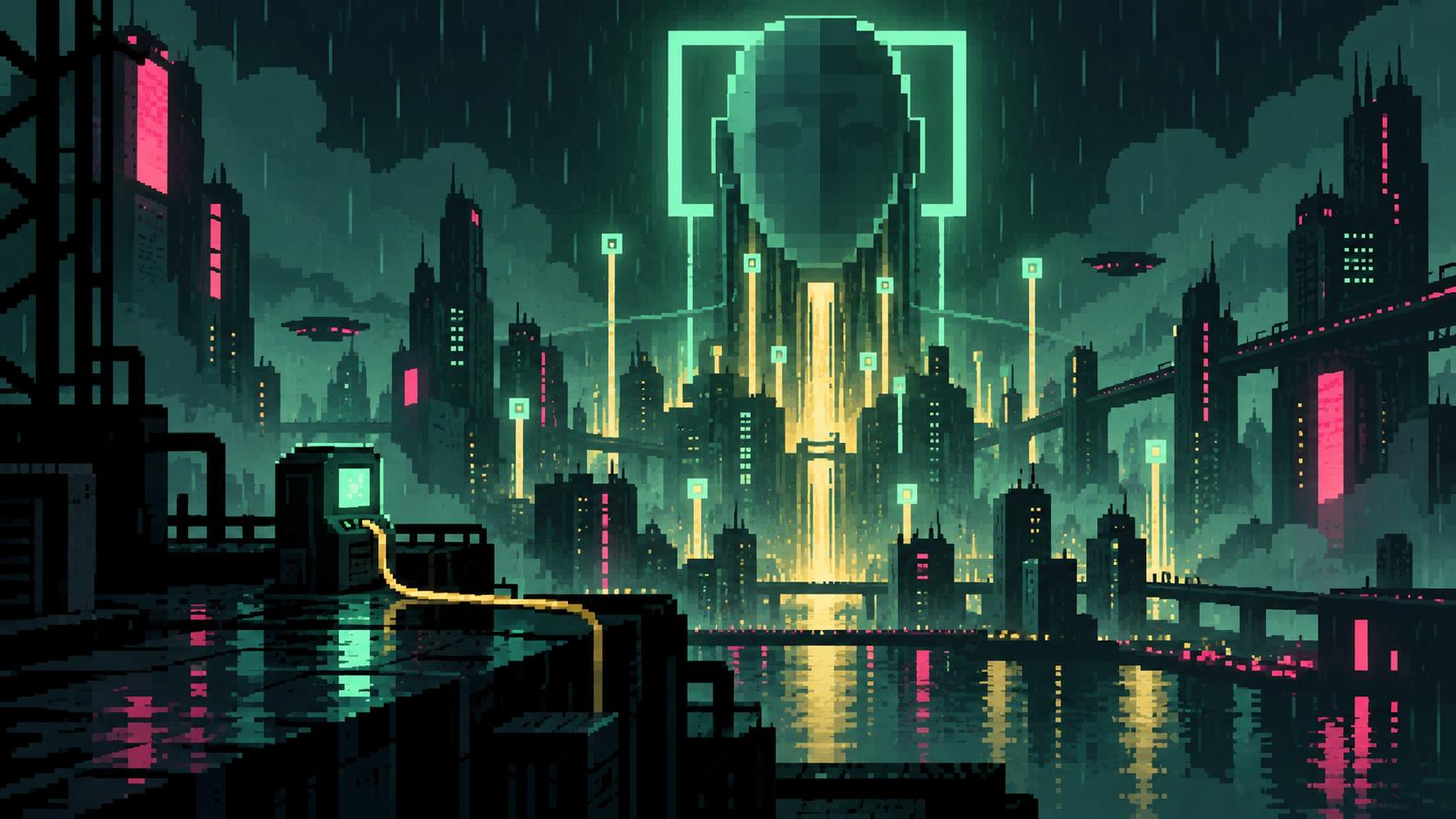 Chunky pixel-art digital head crowned by a mint halo above a neon-rain city, with a rooftop terminal connected by a gold cable.