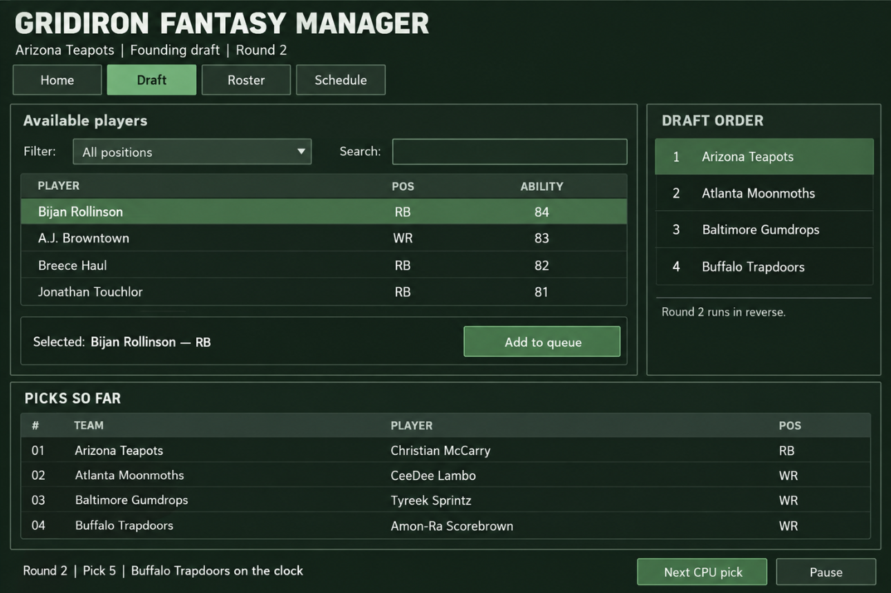 Early draft interface showing available players and picks.