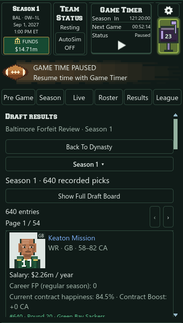 Phone screenshot showing season-one draft results and player details.