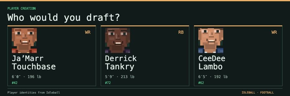 Development post 2: Finishing the player creation engine. Artwork and captured details from Idleball.