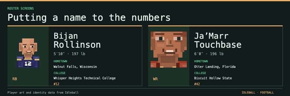 Development post 9: Players get biographies and the league gets its own stories. Artwork and captured details from Idleball.