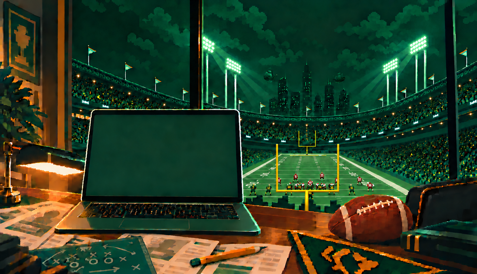 Pixel-art promotional illustration of a football stadium under the lights.