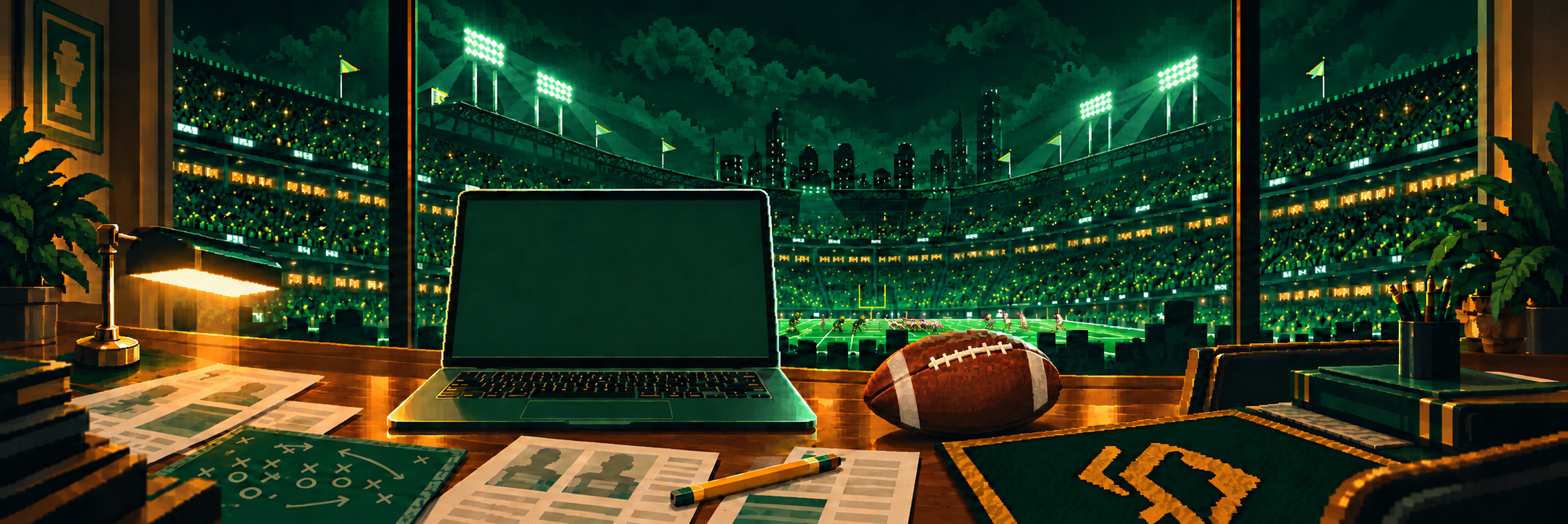 Pixel-art coach’s office overlooking a brightly lit football stadium