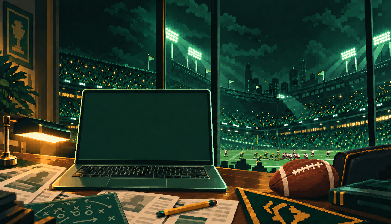Pixel-art promotional illustration of a football stadium under the lights.