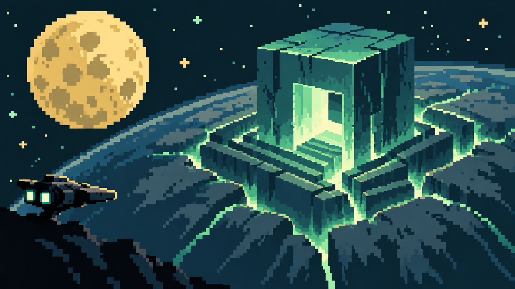 A small spacecraft approaches a green-lit monolith on a cracked planet, with a golden moon in the sky.