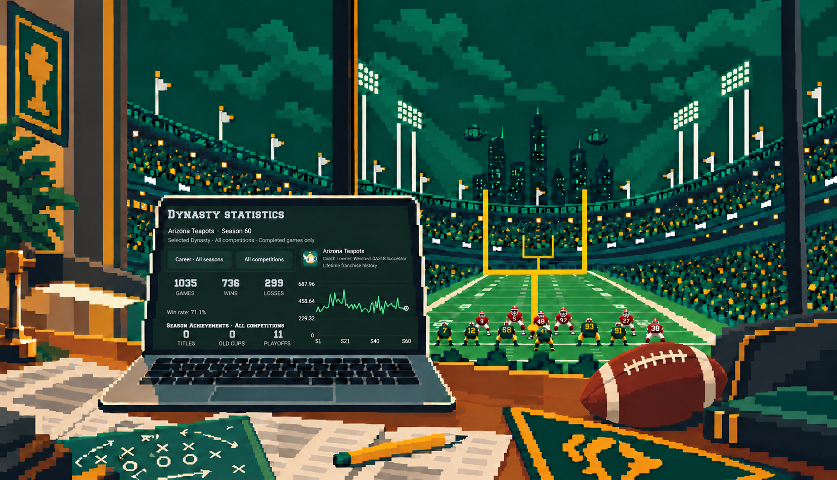 A laptop displaying dynasty statistics beside a football, overlooking a floodlit stadium.