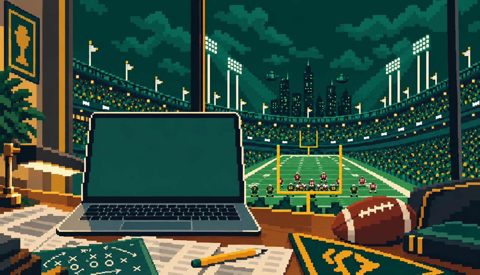 A laptop and football on an office desk overlooking a floodlit stadium.