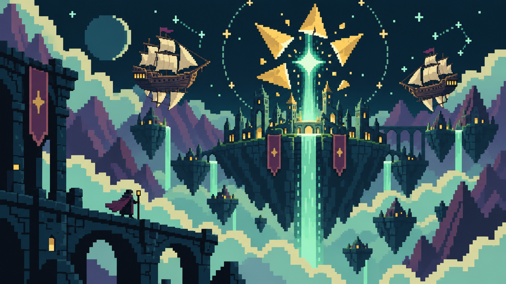 Sailing airships approach a floating city beneath a broken golden star, with green waterfalls cascading into the clouds.