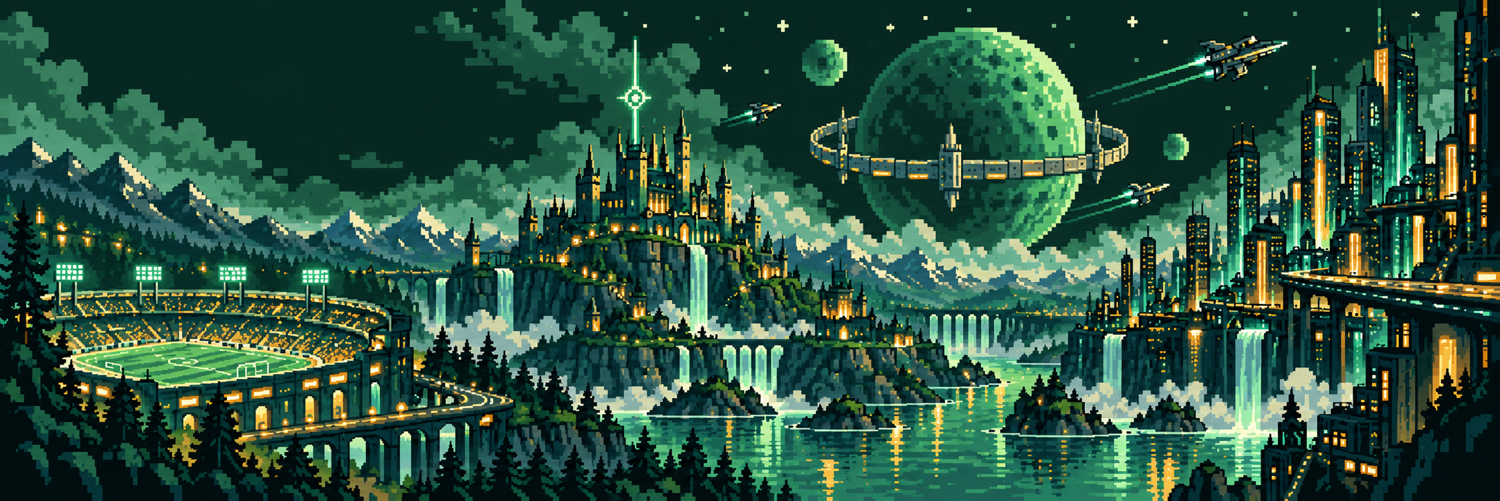 Pixel-art stadium, fantasy citadel, orbital moon and neon city joined by a river and waterfalls