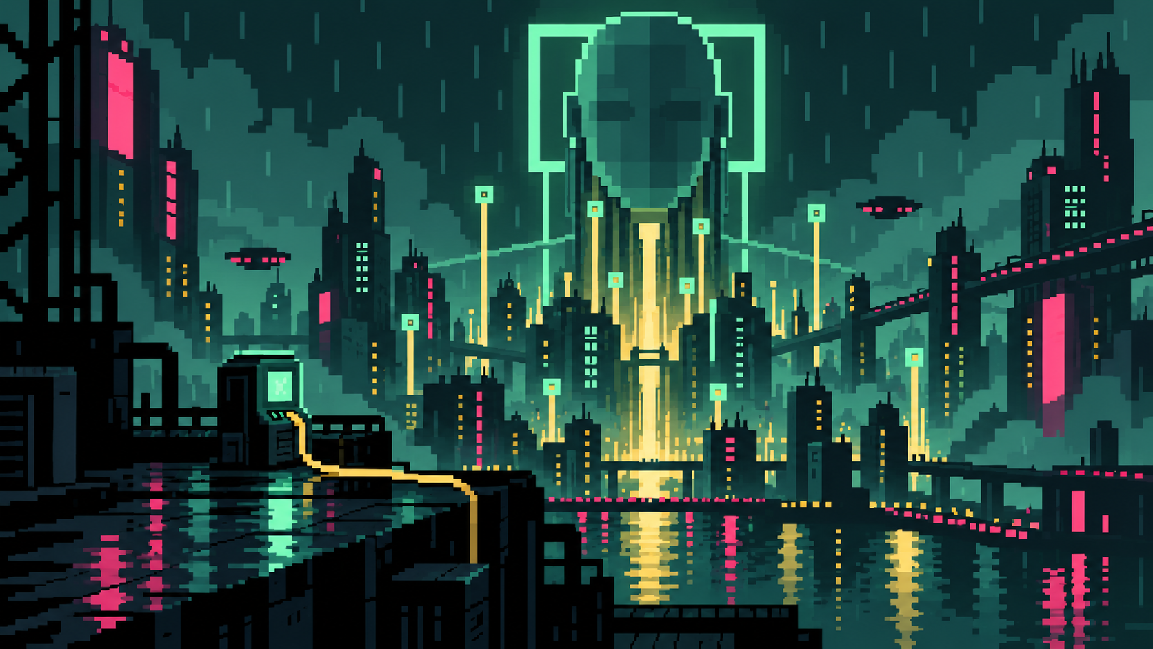 A glowing digital face hangs above a rainy city of neon-lit towers and elevated walkways, with a connected terminal on a rooftop.