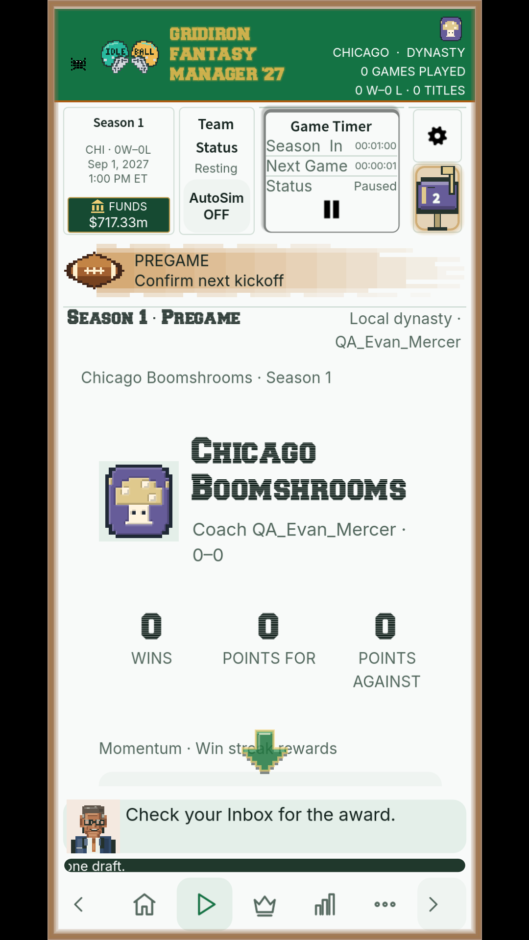 Chicago Boomshrooms at Season 1 pregame after the initial draft, with AutoSim off and the next kickoff awaiting confirmation.