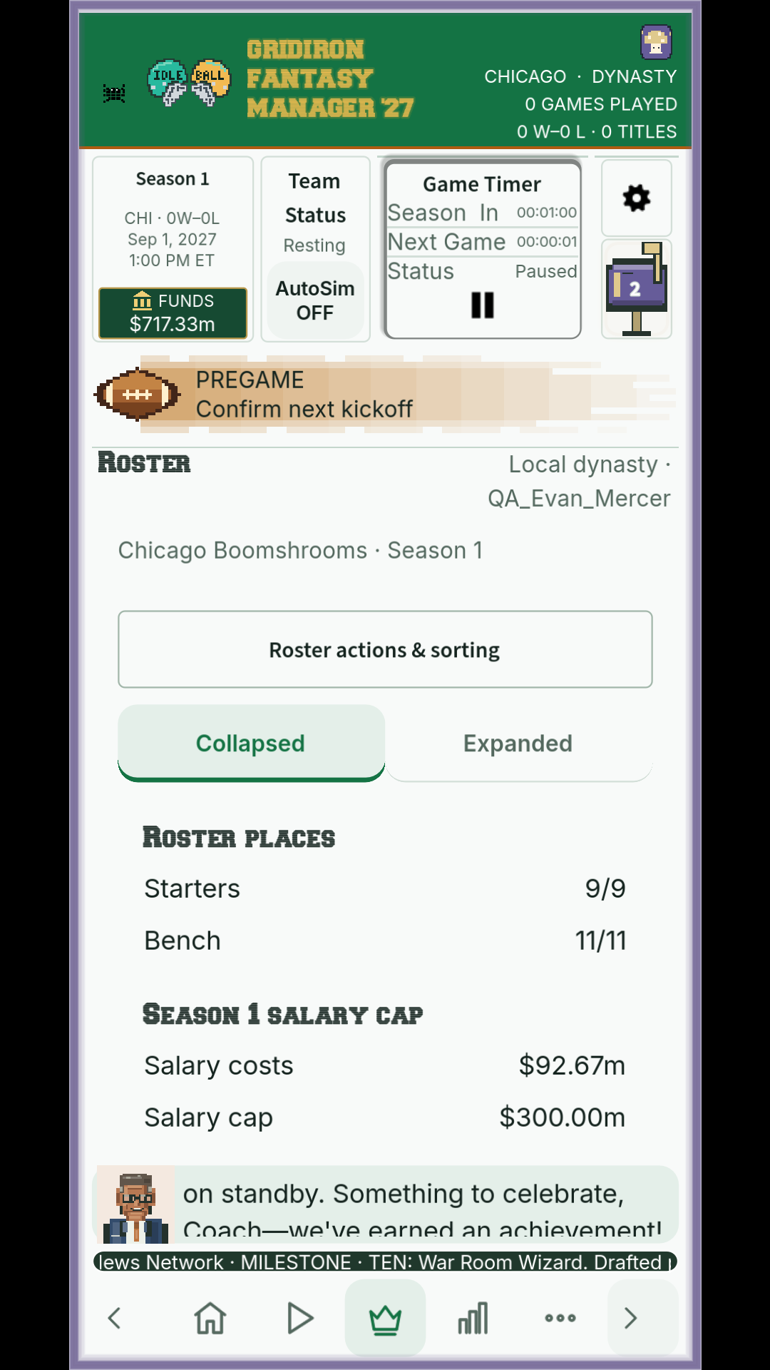 Completed Chicago roster after the initial draft: nine starters, eleven reserves, $92.67m salaries and a $300m cap.