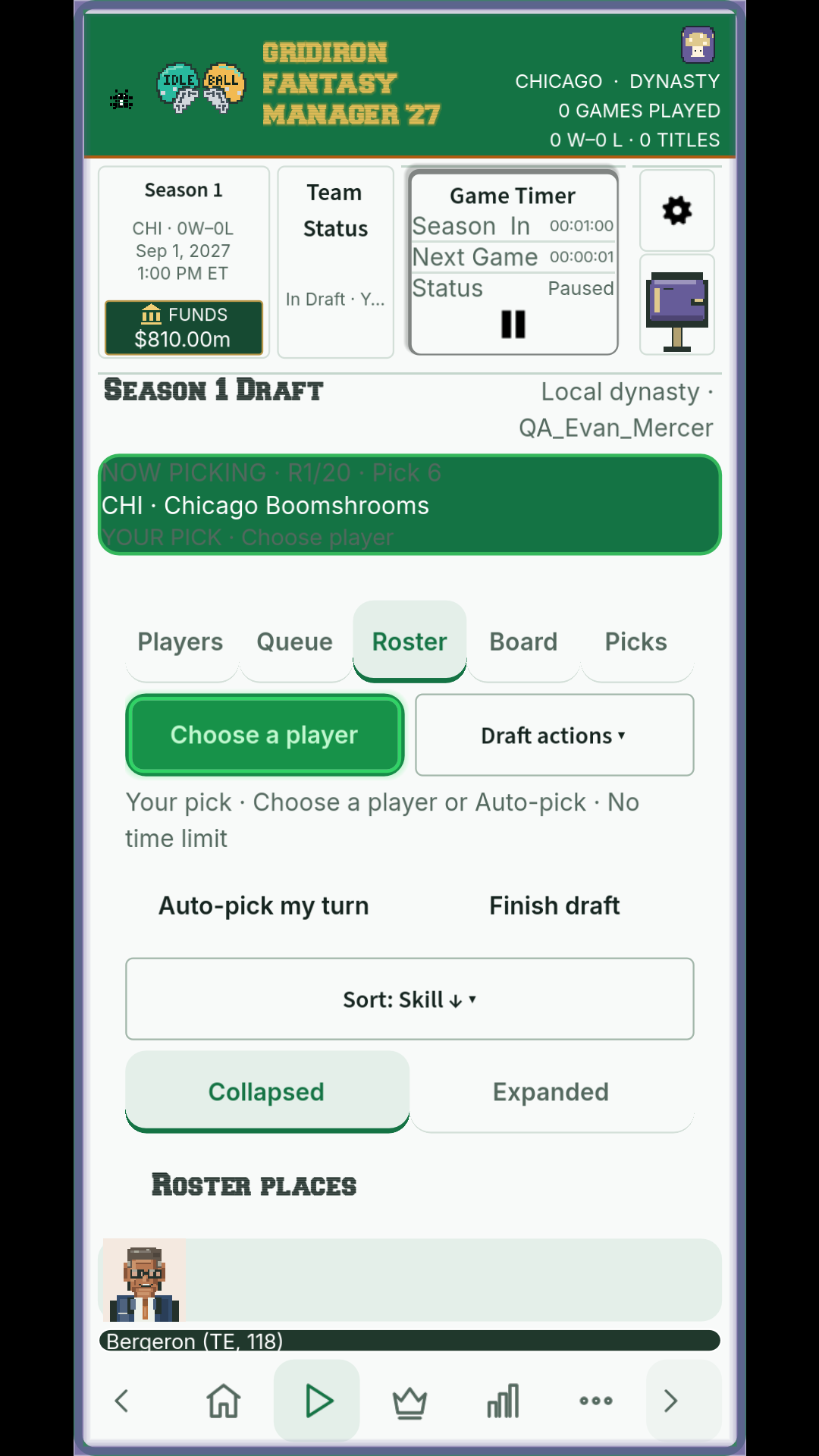 Round 1, pick 6. Chicago starts with twenty empty places to fill.