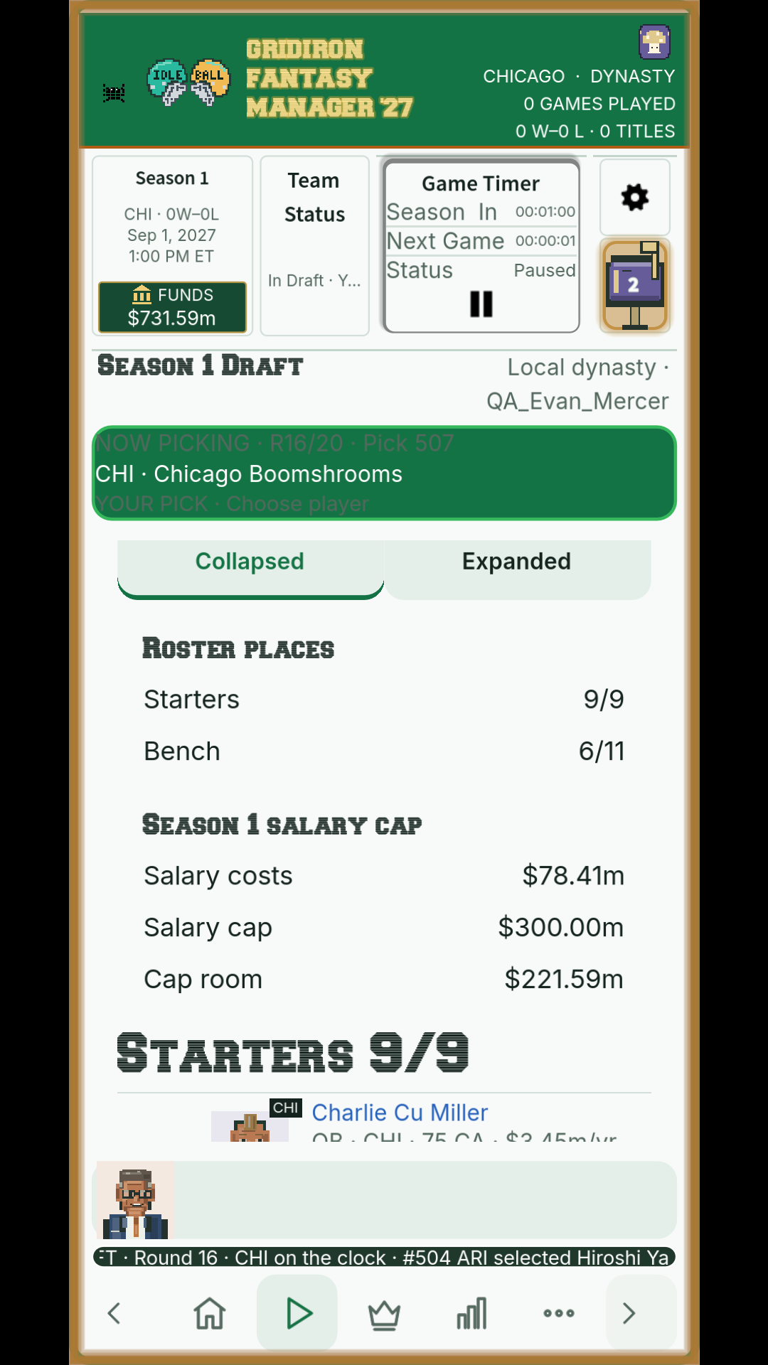 Round 16. Nine starter places and six reserve places are filled. Salary costs are $78.41m, leaving $221.59m under the $300m cap.