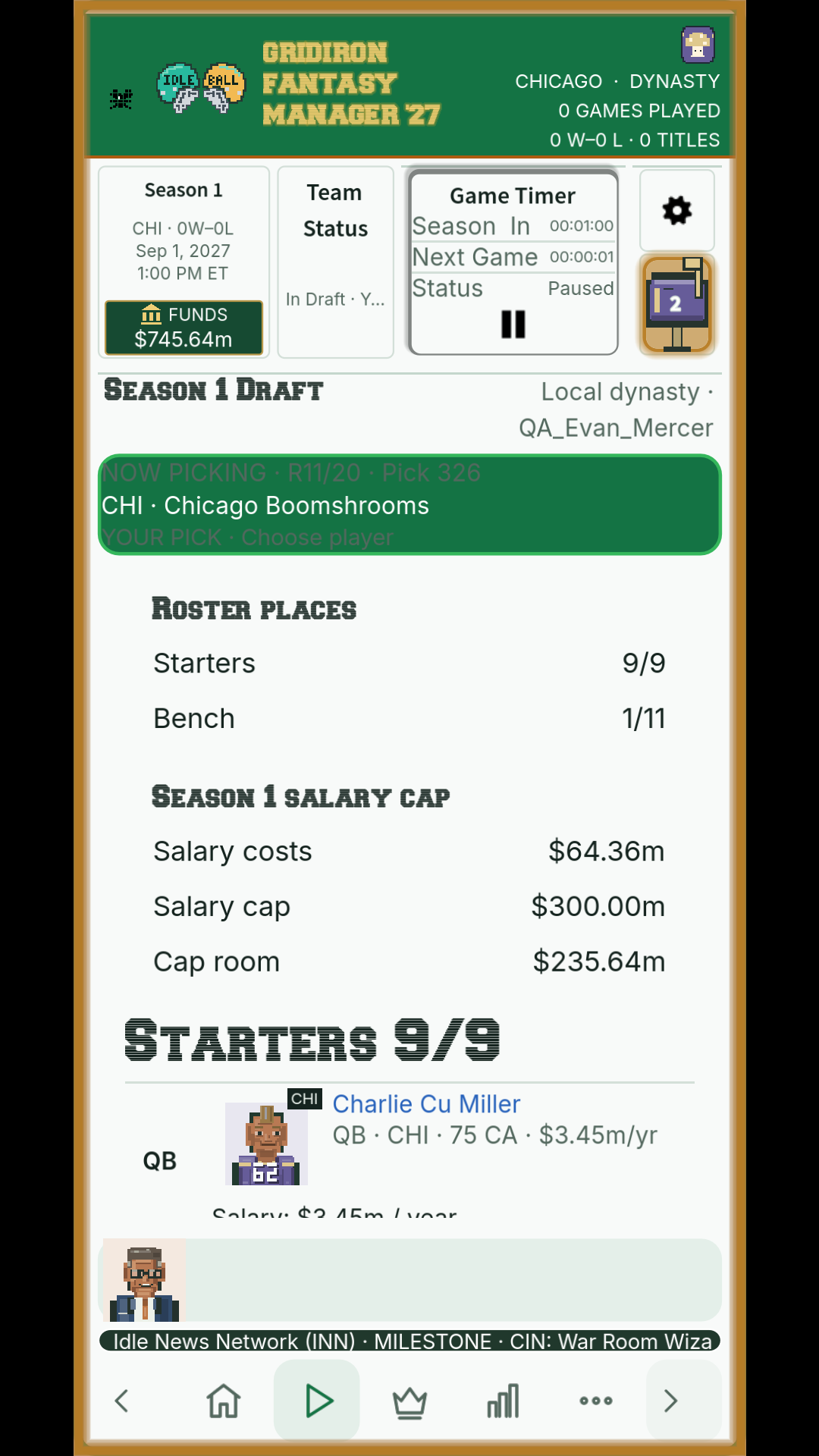 After ten selections: nine starters and one reserve. Chicago has $235.64m in cap room, with quarterback Charlie Cu Miller visible below the summary.