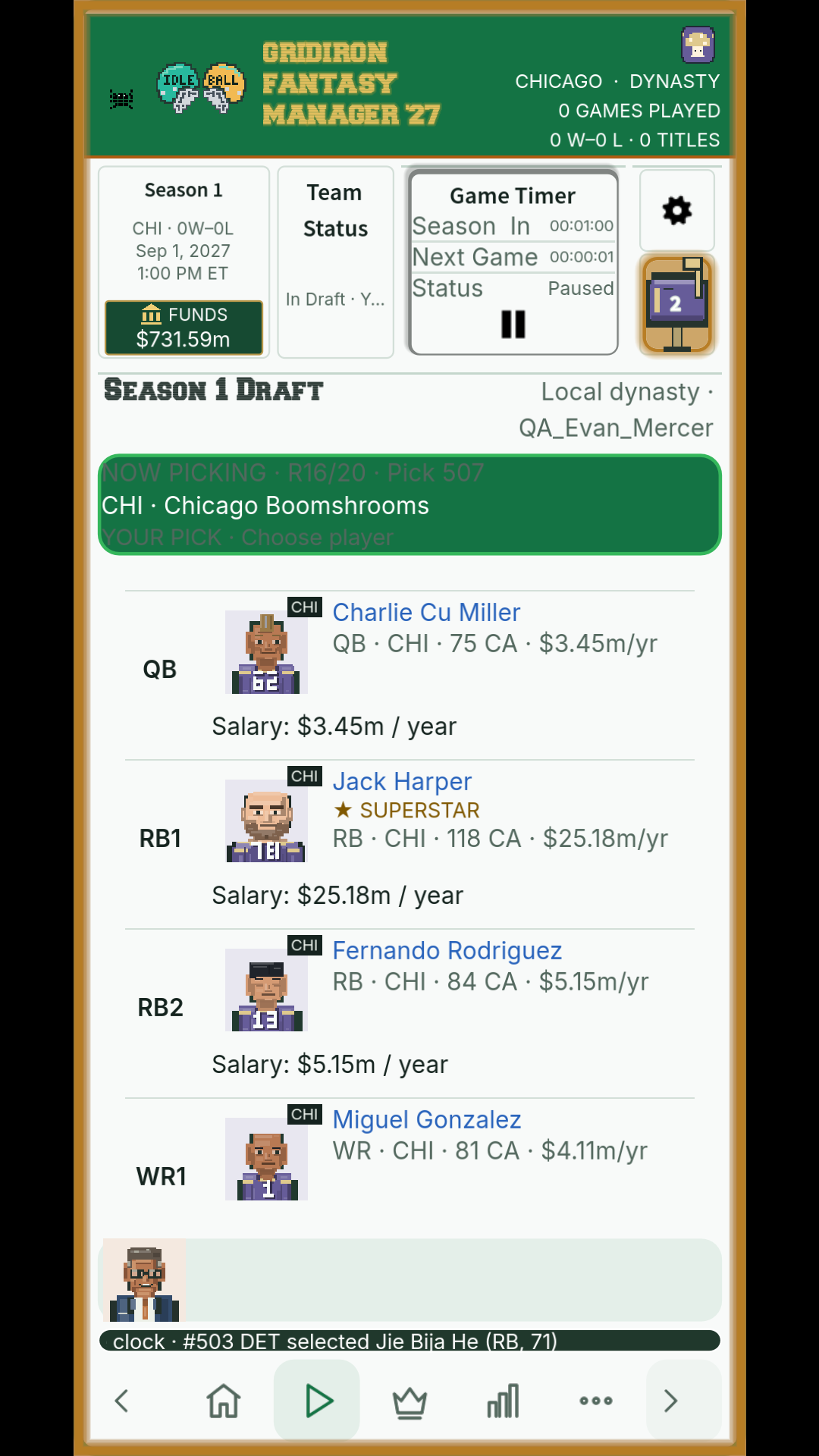 Round 16. Charlie Cu Miller, Jack Harper, Fernando Rodriguez and Miguel Gonzalez appear with their portraits, positions, current ability and annual salaries.