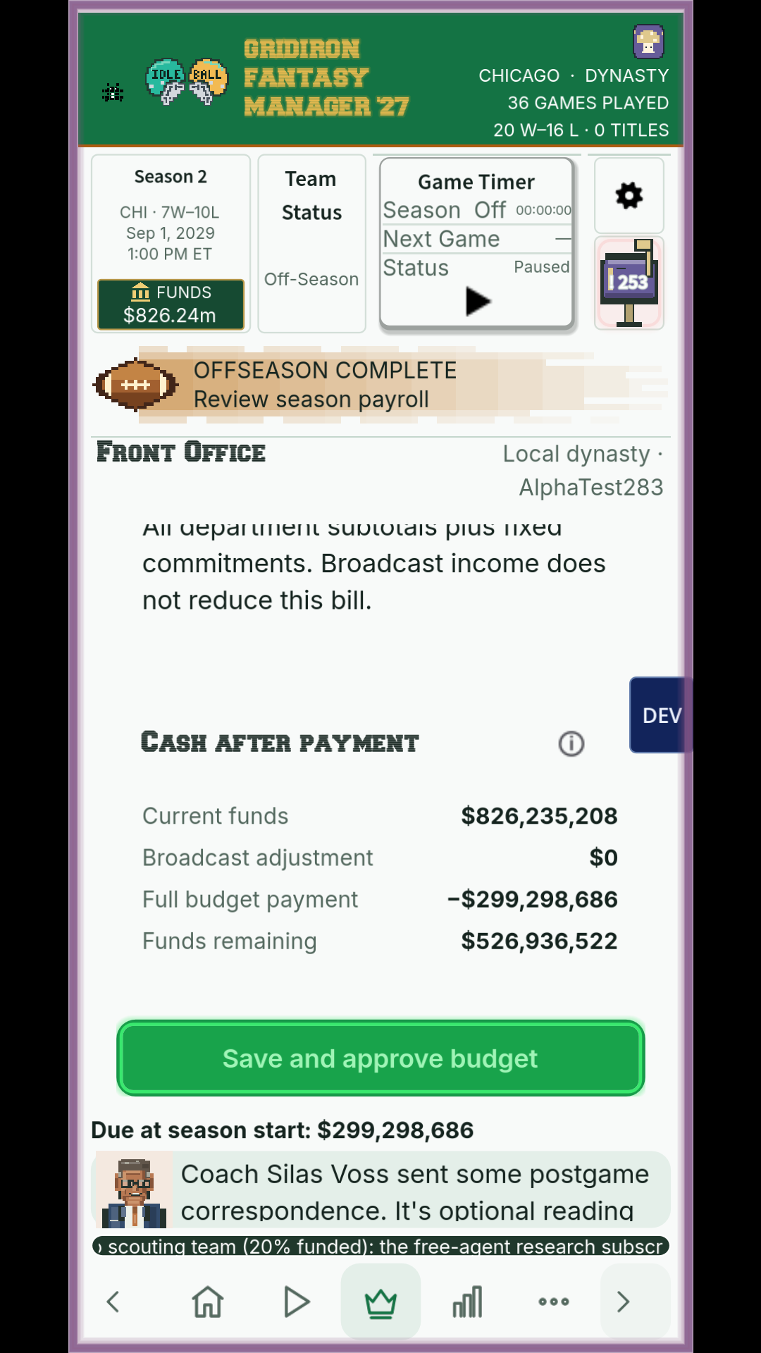 Front-office budget review ahead of Season 3 with projected costs and funds.