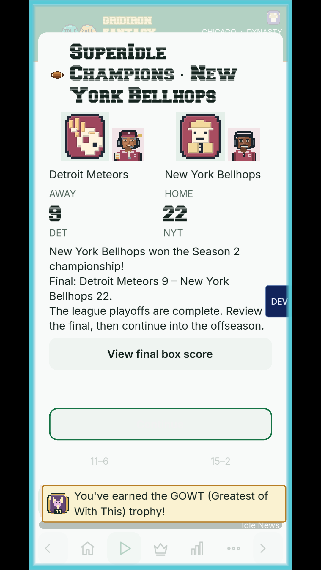 Season 2 championship result with New York Bellhops beating Detroit Meteors 22 to 9.
