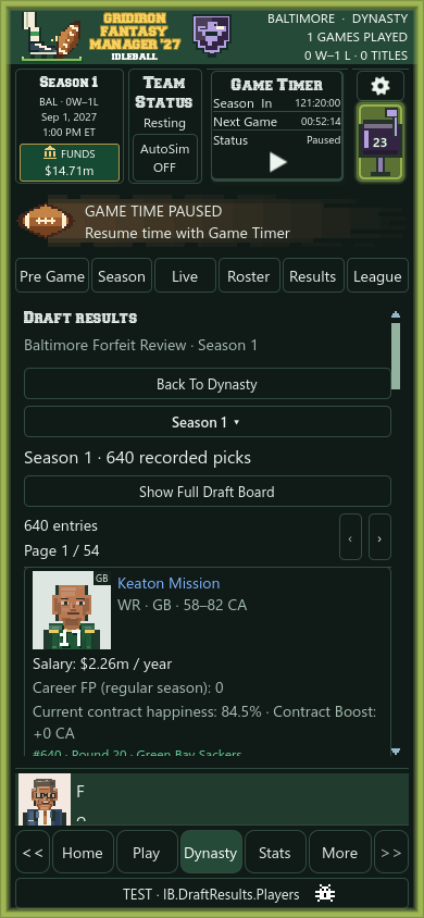 Draft results list showing a recorded pick, portrait, ratings and salary.