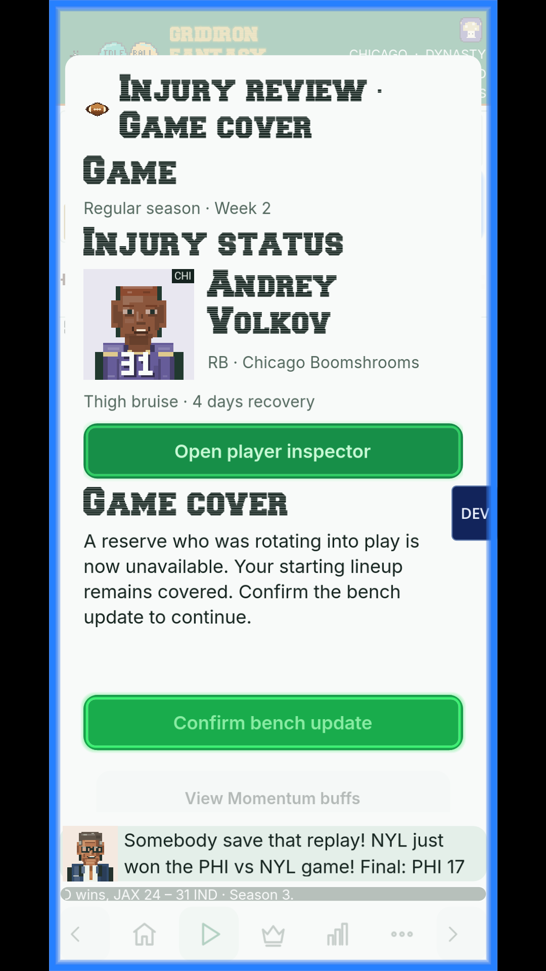 Injury-cover decision screen showing players and reserve options before confirmation.