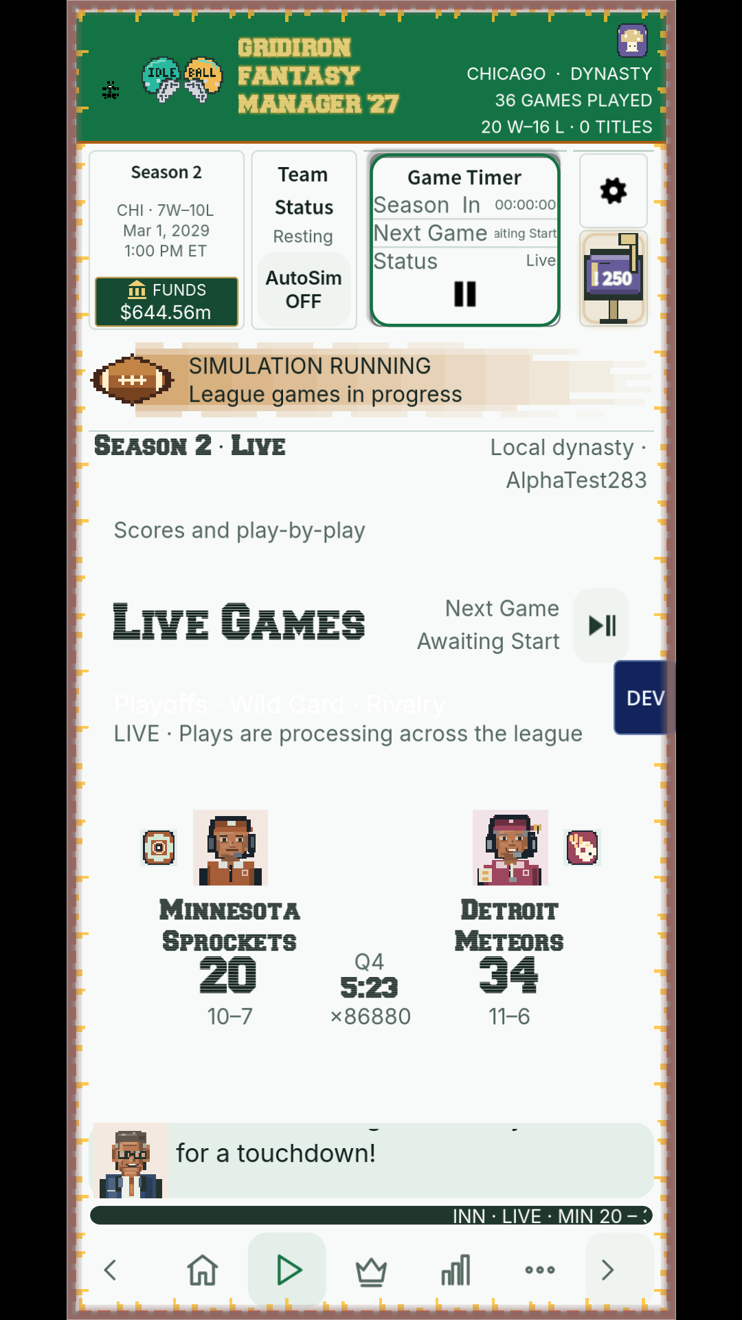 Live playoff screen with a scoreboard, game clock and play commentary.