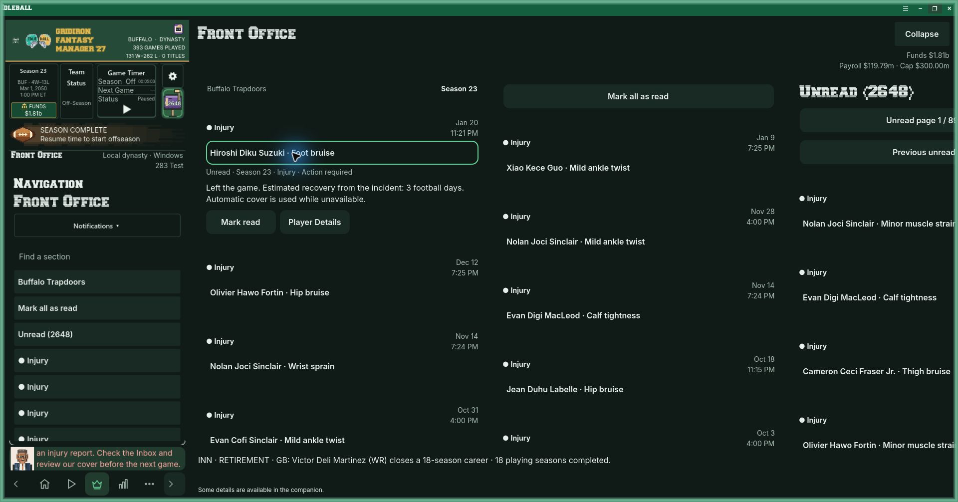 An opened injury notification for Hiroshi Diku Suzuki showing its message, Mark read action and Player Details link.