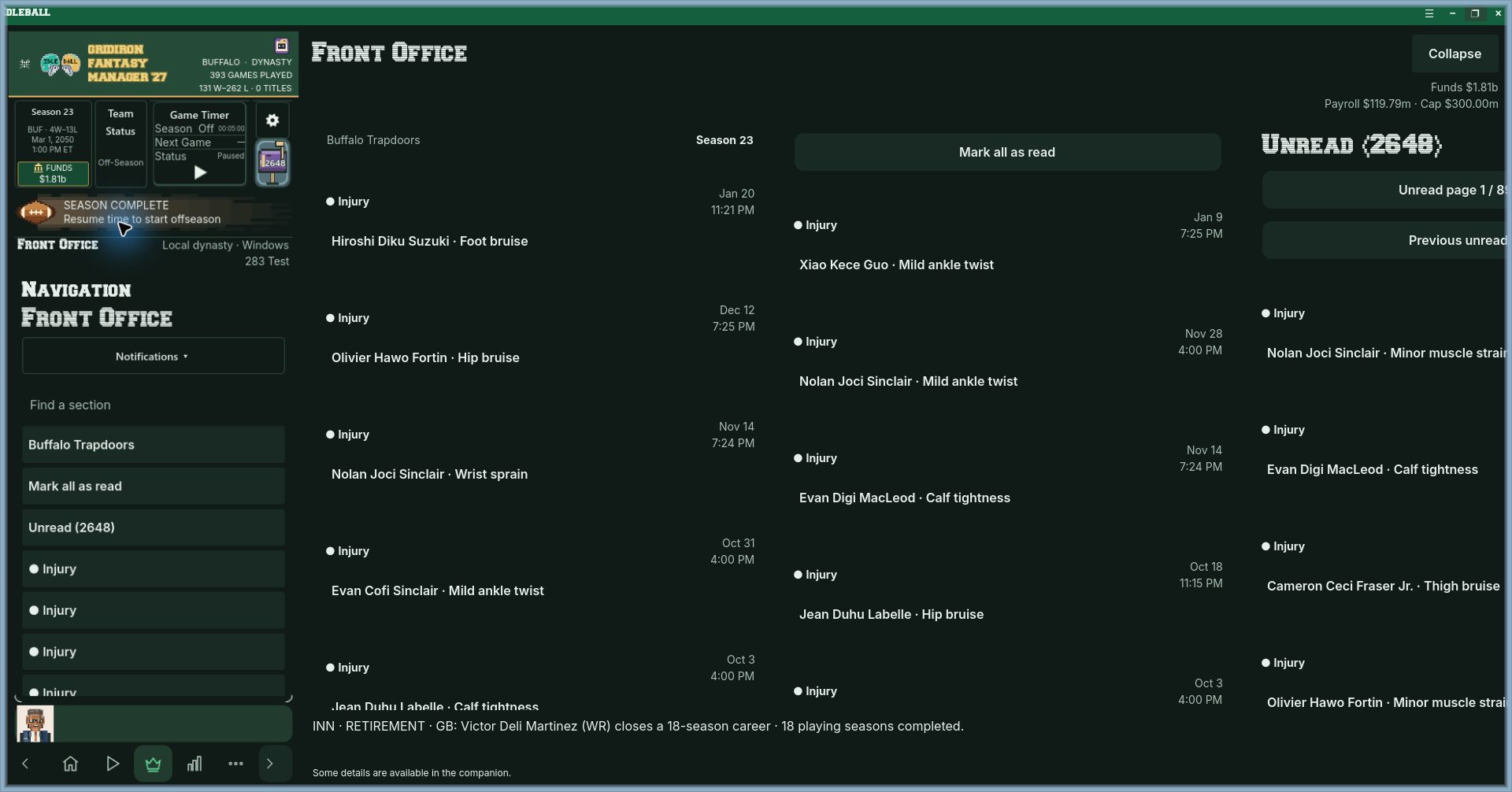 Idleball’s actual notification list, with the mailbox unread count, saved injury reports and their in-game receipt times.