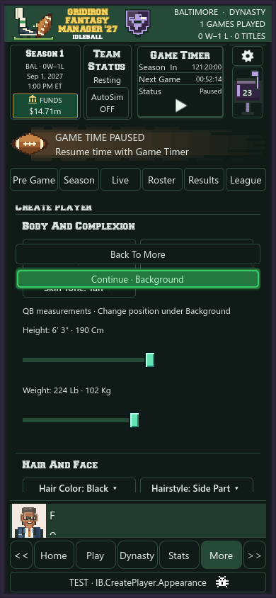 Earlier player-creation screen with body measurements and appearance controls.