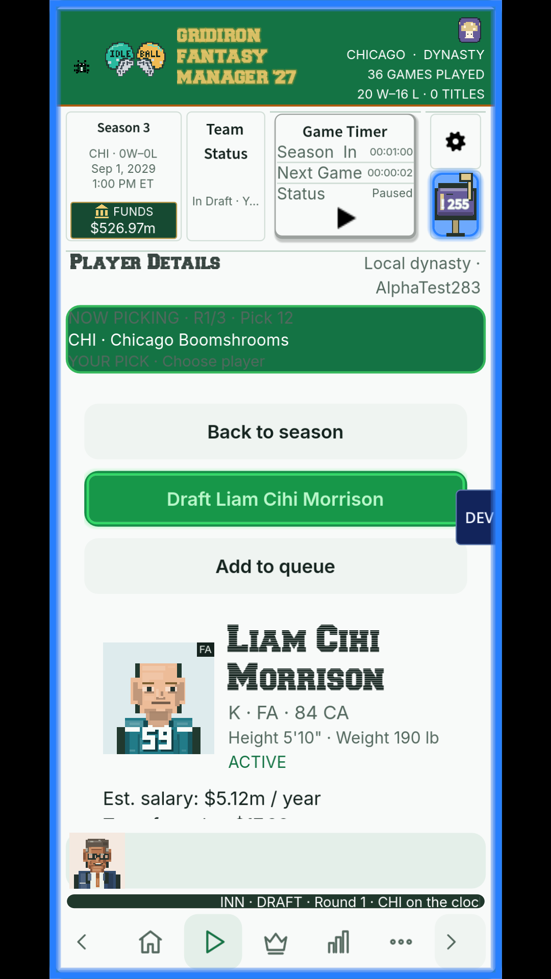 Player details showing Liam Cihi Morrison, his measurements, rating and estimated salary.