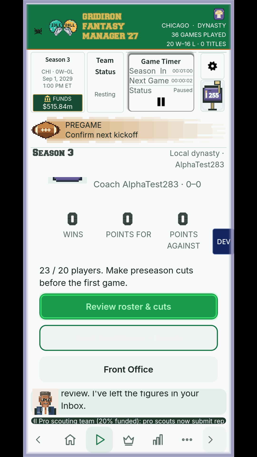 Season 3 dashboard showing 23 players for 20 places and a roster-cuts review prompt.
