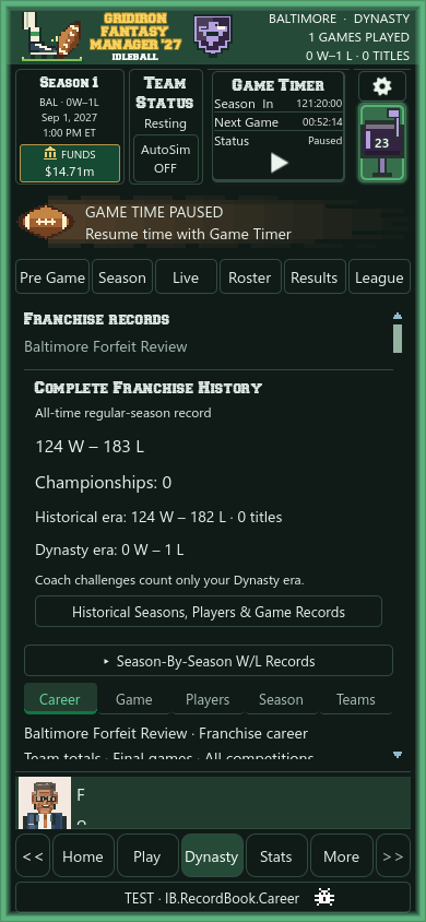 Franchise record book showing historical and dynasty records with career and season tabs.