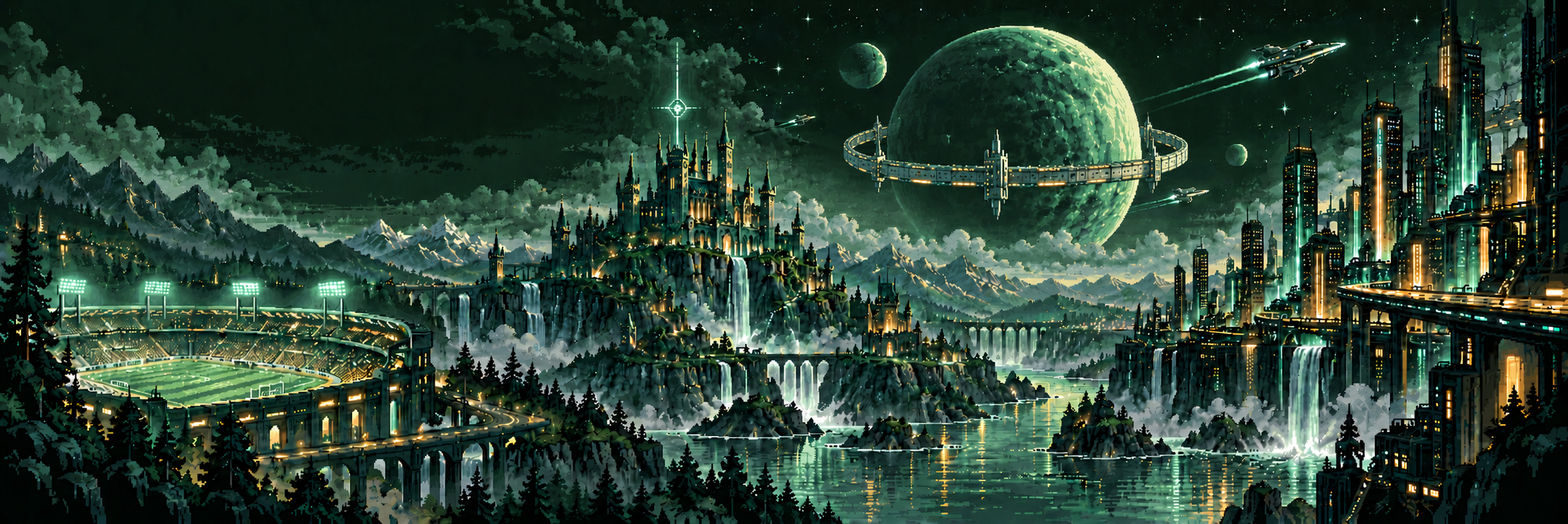 Pixel-art stadium, fantasy citadel, orbital moon and neon city joined by a river and waterfalls
