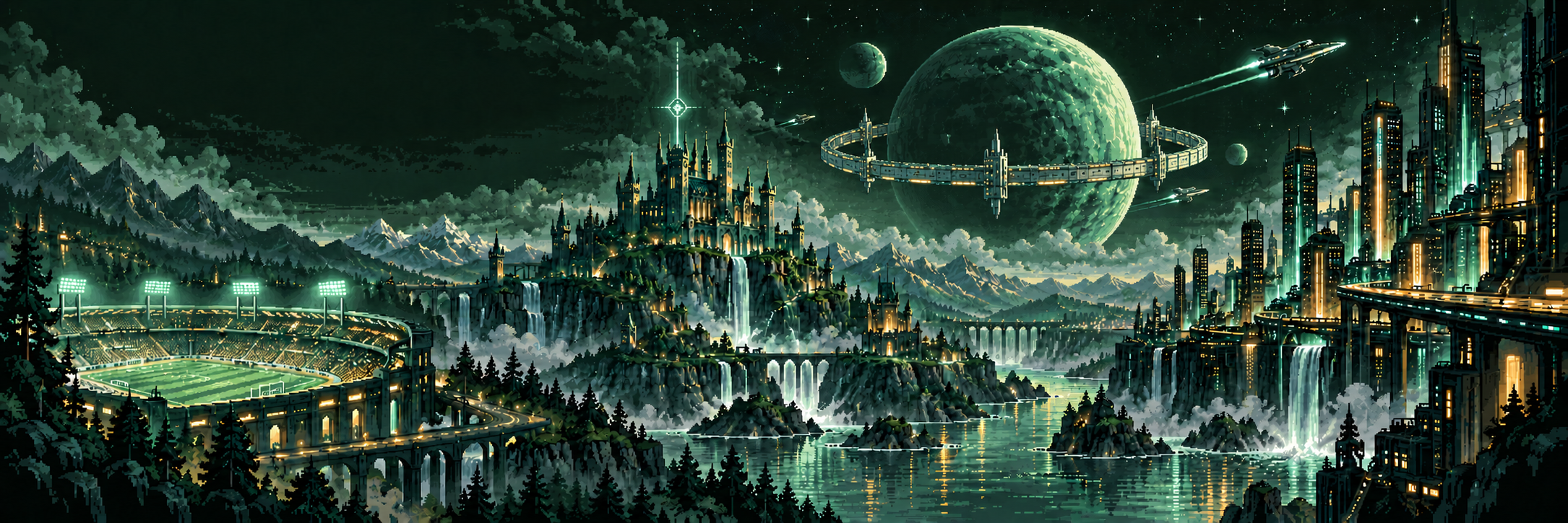 Pixel-art stadium, fantasy citadel, orbital moon and neon city joined by a river and waterfalls